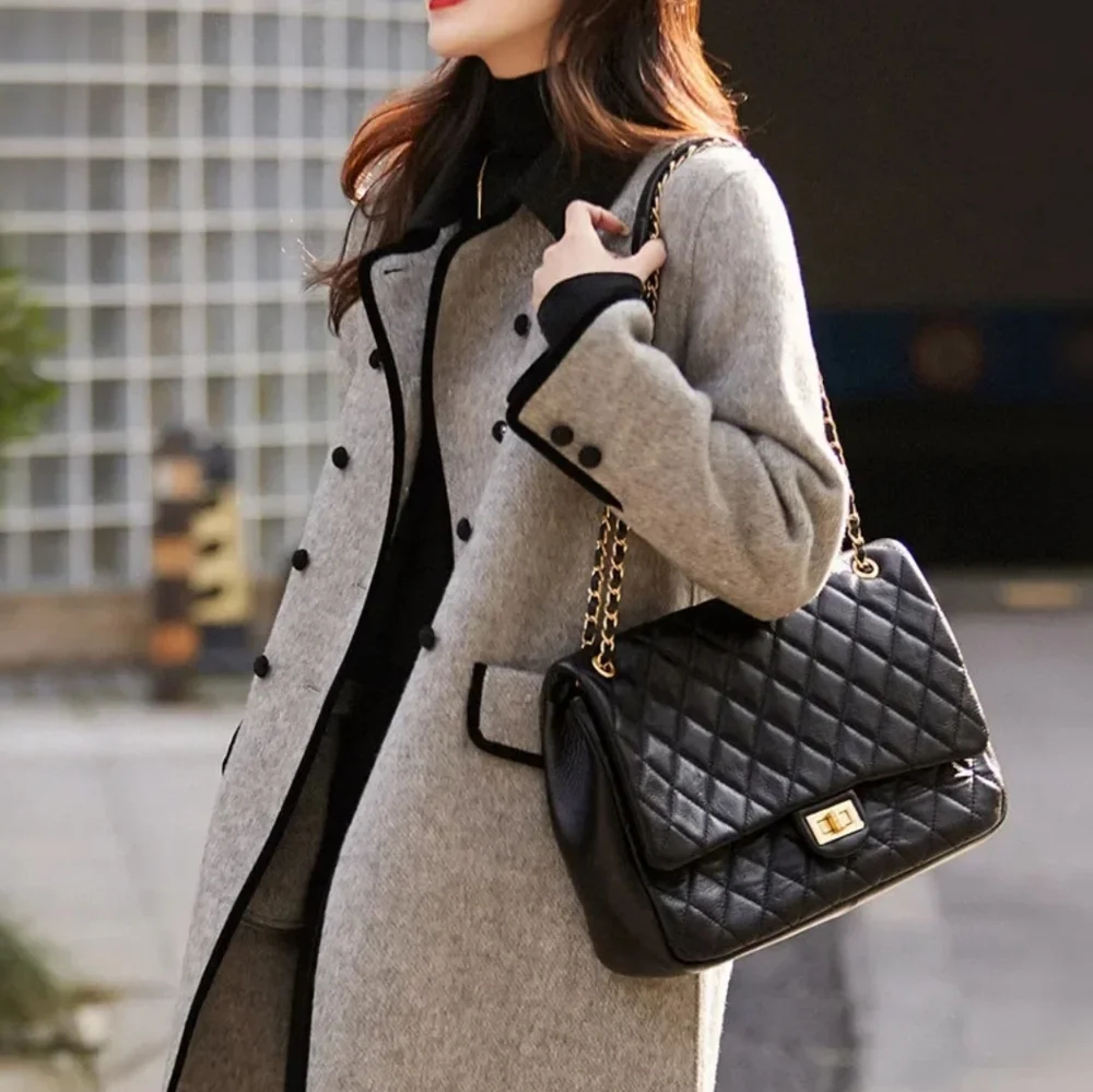 Coat Women's Autumn and Winter New Splicing Lapel Double Breasted - Picture 1 of 5